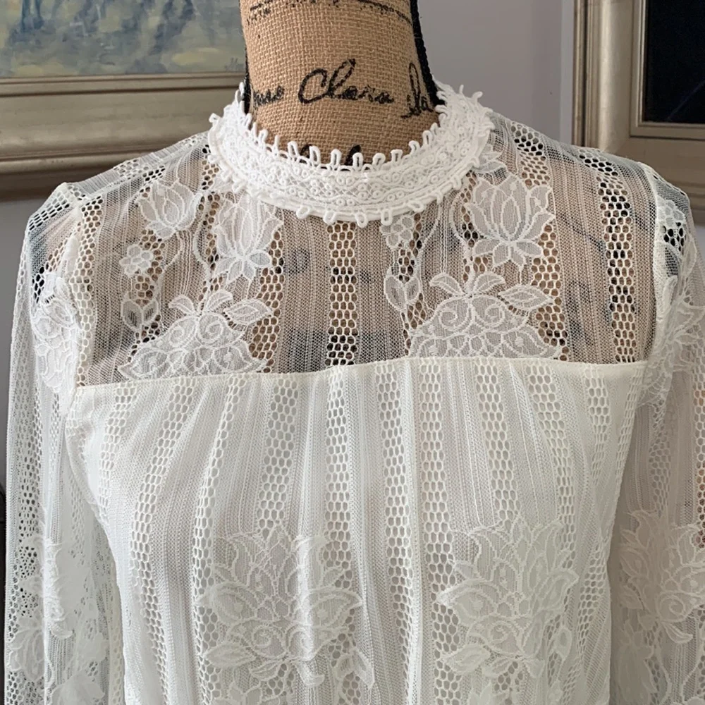 ALTAR’D STATE Lace fall blouse top white long sleeve Victorian romantic gothic S - Picture 2 of 8